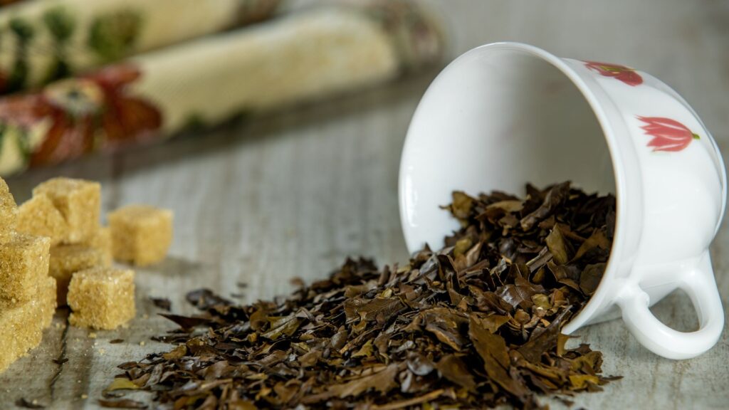 Loose tea leaves in a cup
